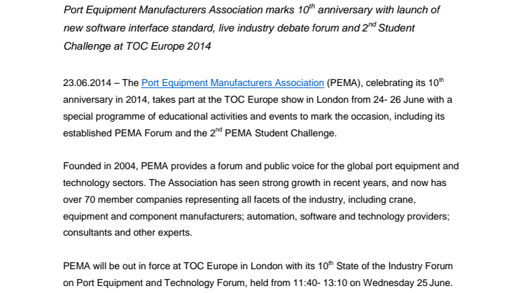 PEMA celebrates 10th anniversary at TOC Europe with new industry standard, Forum and Student Challenge