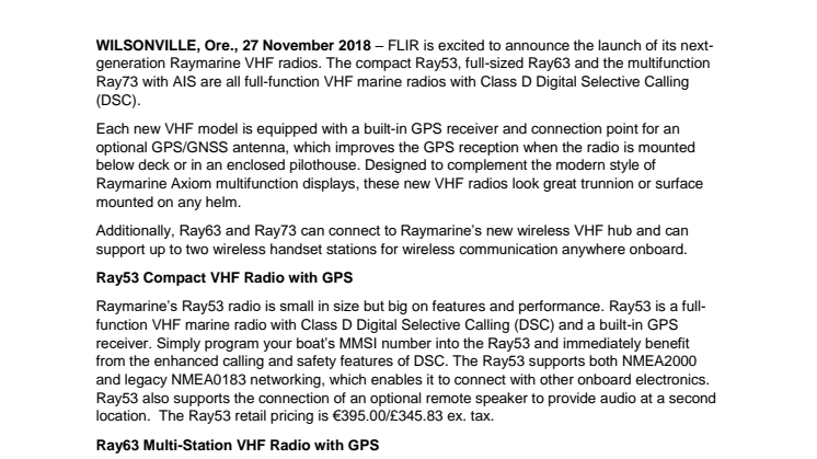 FLIR Launches Next Generation Raymarine VHF Radios