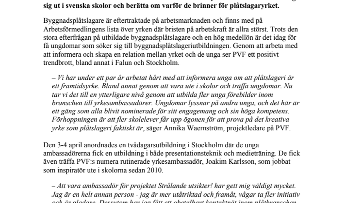 Sju unga ambassadörer ska locka fler att bli plåtslagare   