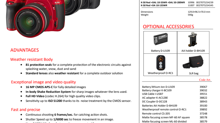 Pentax K-50 datablad