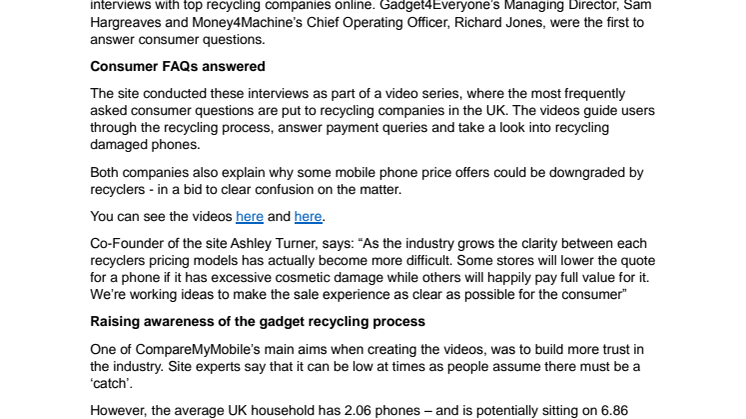 Gadget Recycling Comparison Site CompareMyMobile Give Insight into Trade-in Industry in Exclusive Interviews with Money4Machines and Gadgets4Everyone
