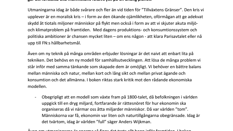 Ny bok från Anders Wijkman uppdaterar budskapet i Tillväxtens Gränser (1972)