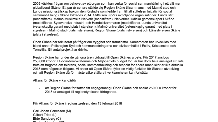 Initiativ från Allians för Skåne: Fortsatt stöd till Open Skåne