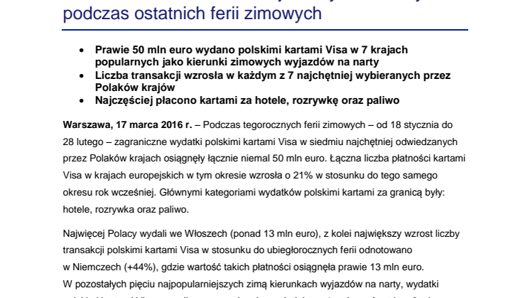 Prawie 50 mln euro w 7 krajach wydali Polacy podczas ostatnich ferii zimowych