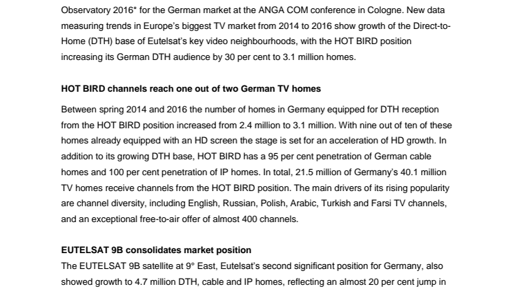 Eutelsat TV Observatory for Germany underscores new growth of Eutelsat’s key video neighbourhoods