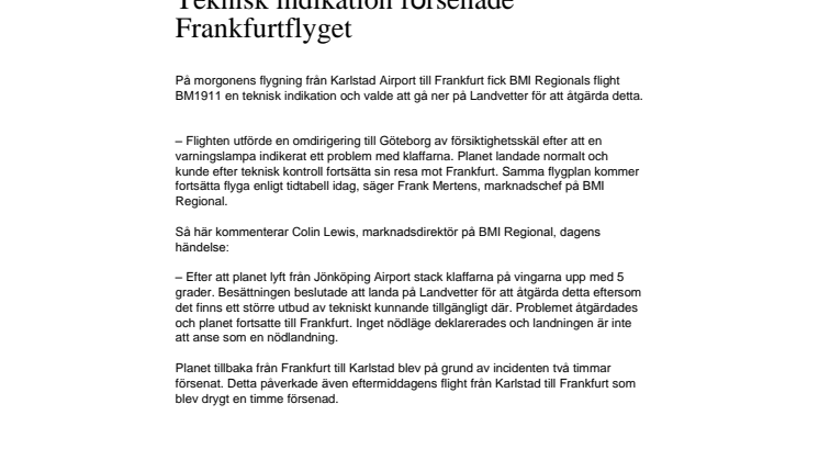 Teknisk indikation försenade Frankfurtflyget 