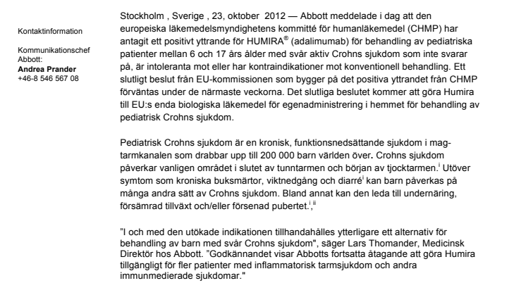 Positivt yttrande från CHMP för Abbotts HUMIRA® för användning vid pediatrisk Crohns sjukdom