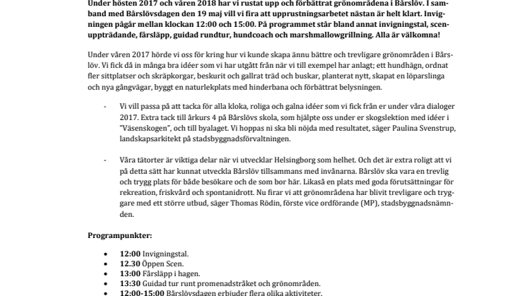 Välkommen till invigning av förbättrade grönområden i Bårslöv