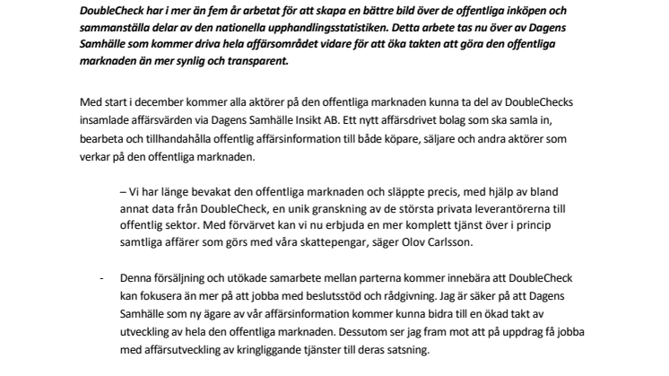 Dagens Samhälle köper DoubleChecks affärsområde Offentlig affärsinformation
