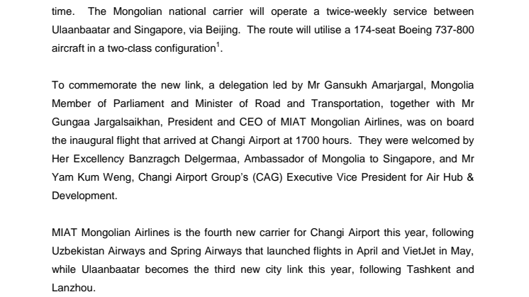 Changi Airport welcomes MIAT Mongolian Airlines