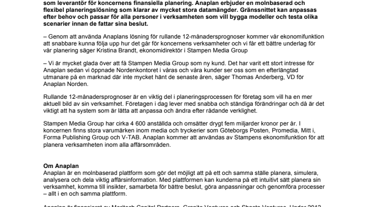Stampen Media Group väljer Anaplan för finansiell planering