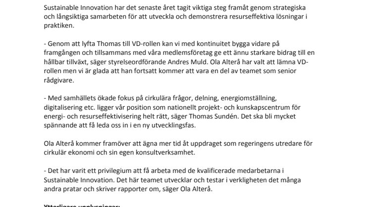 Thomas Sundén ny VD för Sustainable Innovation