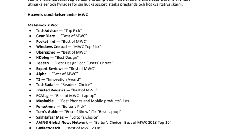 Huawei tilldelas flera utmärkelser under MWC 2018