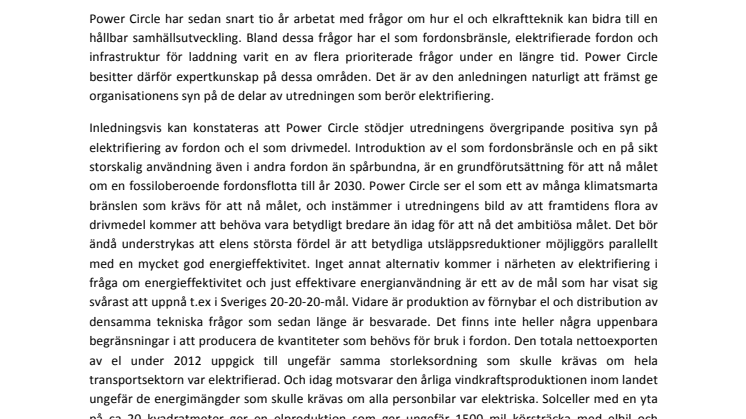 Power Circle har lämnat remissvar på utredningen ”Fossilfrihet på väg”