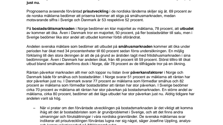 Ny mäklarprognos: Annan utveckling i Sverige jämfört med övriga Norden