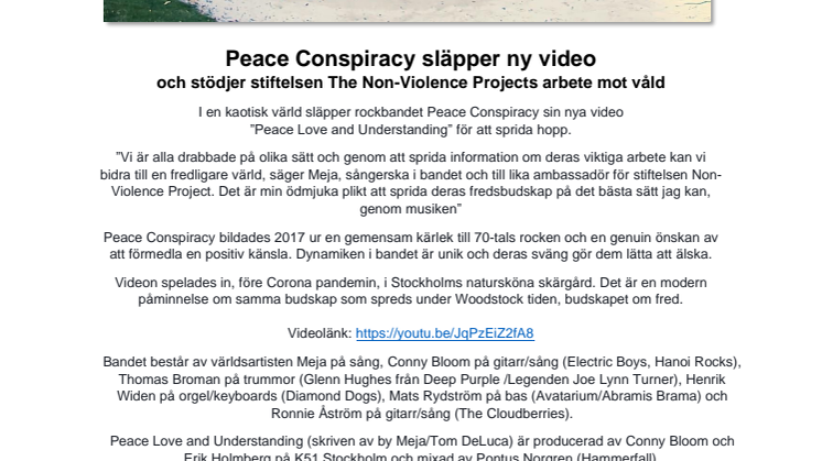 Non-Violence Ambassadören Meja och Peace Conspiracy släpper ny video och stödjer stiftelsen The Non-Violence Projects arbete mot våld