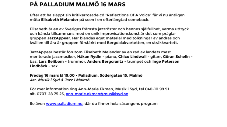 Biljettsläpp idag! Elisabeth Melander gör comeback med JazzAppear & Bergdalakvartetten på Palladium Malmö 16 mars 