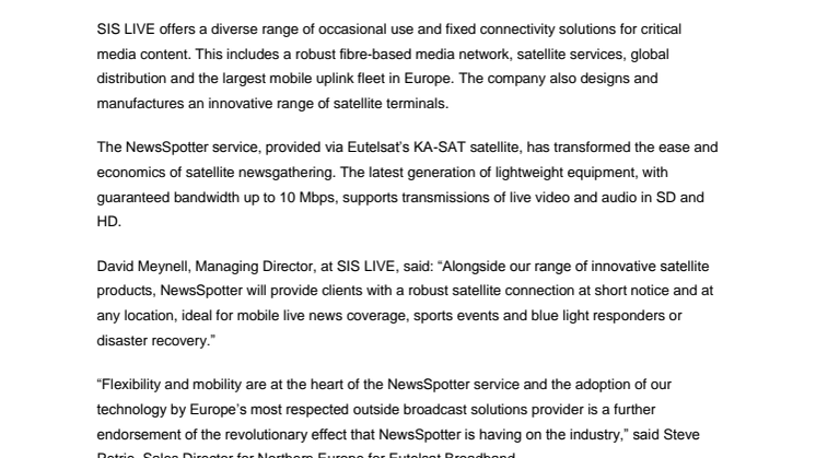 SIS LIVE signs distribution agreement for Eutelsat Broadband’s NewsSpotter satellite newsgathering service