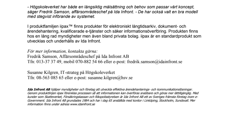 Högskoleverket väljer Ida Infront och iipax