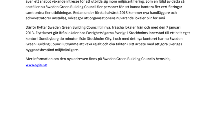 Sweden Green Building Council växer och flyttar till nya lokaler