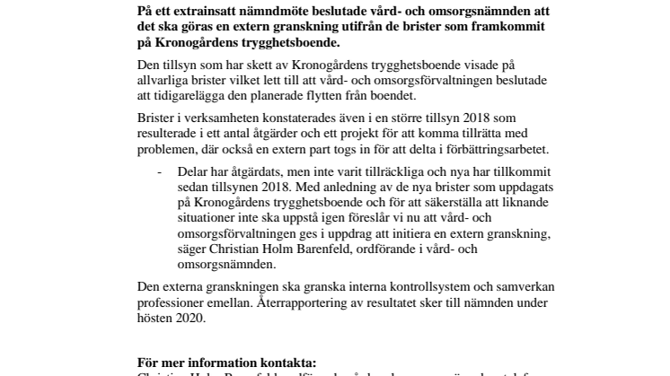 Extern granskning av Kronogårdens trygghetsboende