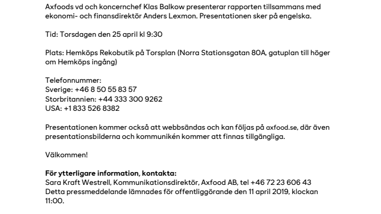 Inbjudan till presentation av Axfoods första kvartal 2019