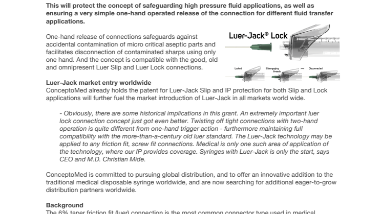Luer-Jack Lock patent granted - unscrewing with one hand!