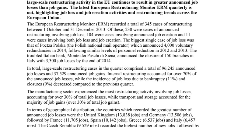 High levels of restructuring activity in the midst of improved economic outlook for Europe