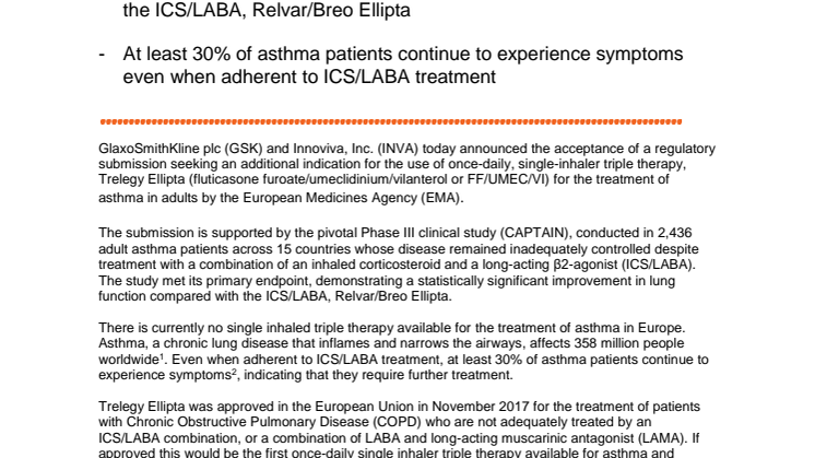GSK filing accepted by European Medicines Agency for Trelegy Ellipta use in adult patients with asthma