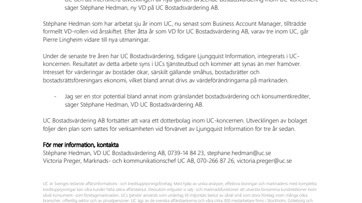 Stéphane Hedman tar över som VD för UC Bostadsvärdering AB