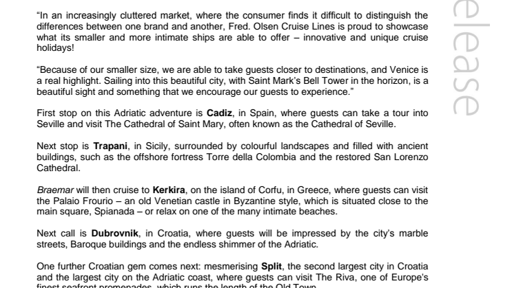 Take in ‘Venice & the Beauty of the Adriatic’ with Fred. Olsen Cruise Lines in Autumn 2015