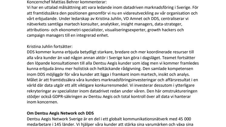 Dentsu Aegis Network lanserar Sveriges största och mest heltäckande konsultverksamhet inom datadriven marknadsföring, insikt och analys