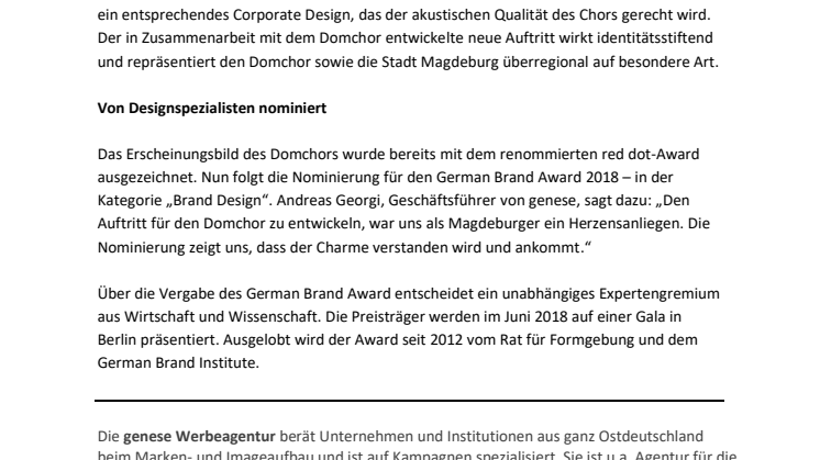 Genese Werbeagentur für German Brand Award 2018 nominiert