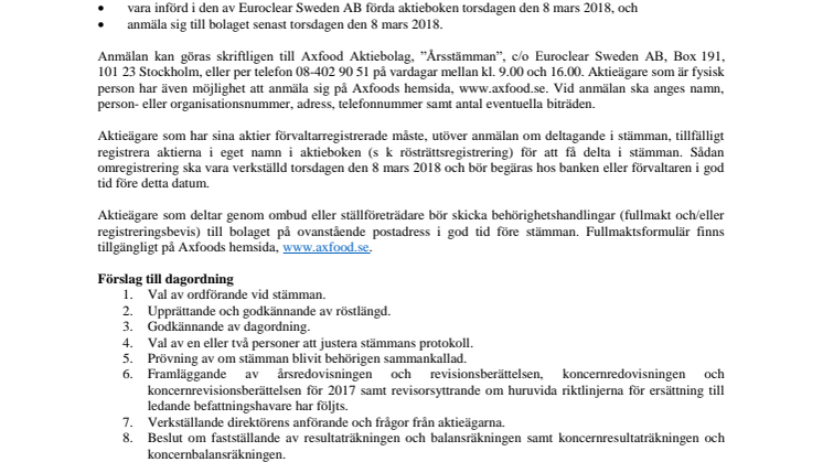 Kallelse till årsstämma 2018 i Axfood Aktiebolag