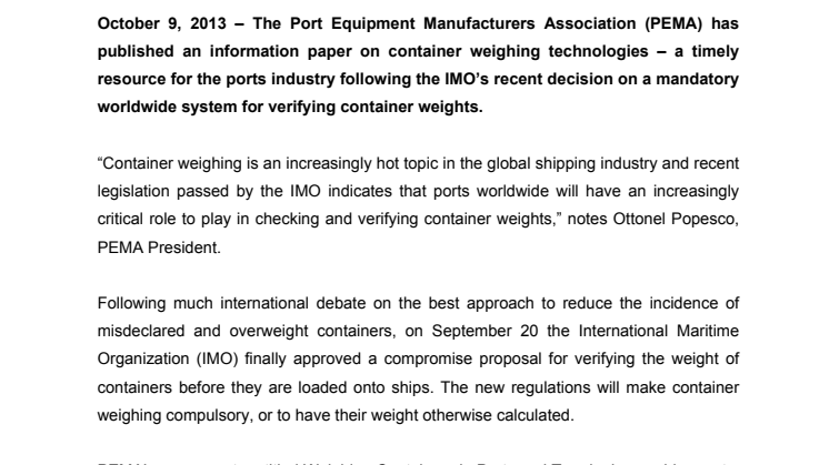Port Equipment Manufacturers Association publishes information paper on container weighing technologies
