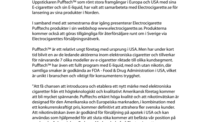 Electrocigarette.se blir generalagent för varumärket Pufftech™ i Sverige