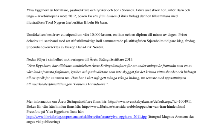 Författaren Ylva Eggehorn utsedd till Årets Strängnässtiftare 2013