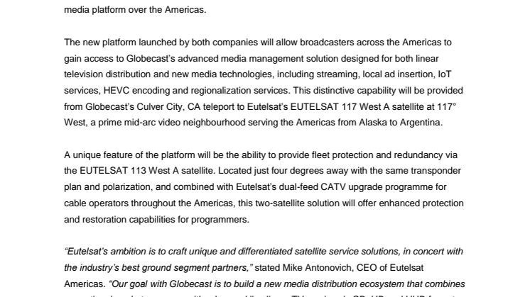 ​Eutelsat and Globecast set to launch new media platform over the Americas