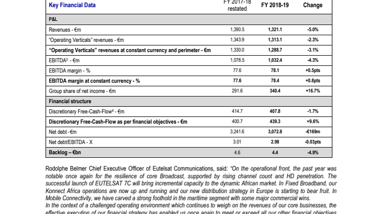 EUTELSAT COMMUNICATIONS FULL YEAR 2018-19 RESULTS
