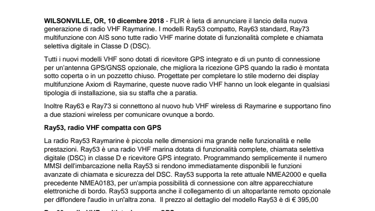 FLIR presenta la nuova generazione di radio VHF Raymarine