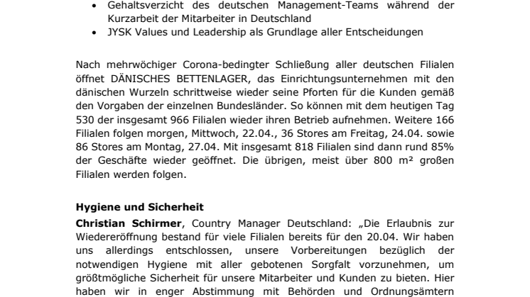Umgang mit Corona; Wiedereröffnung der deutschen Stores