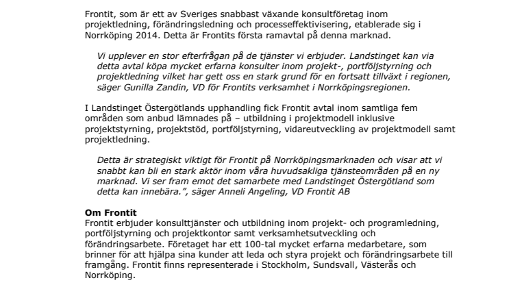 Frontit tecknar ramavtal med Landstinget i Östergötland