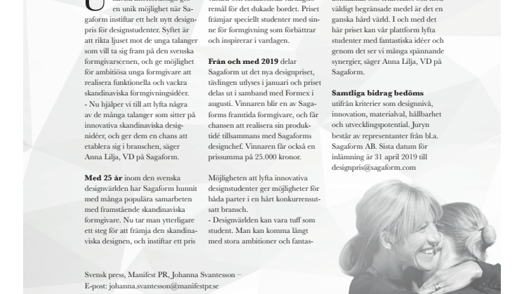 Sagaform instiftar formgivningspris till ung svensk design