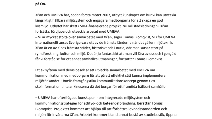 Stadsledningen för Xi´an besöker UMEVA