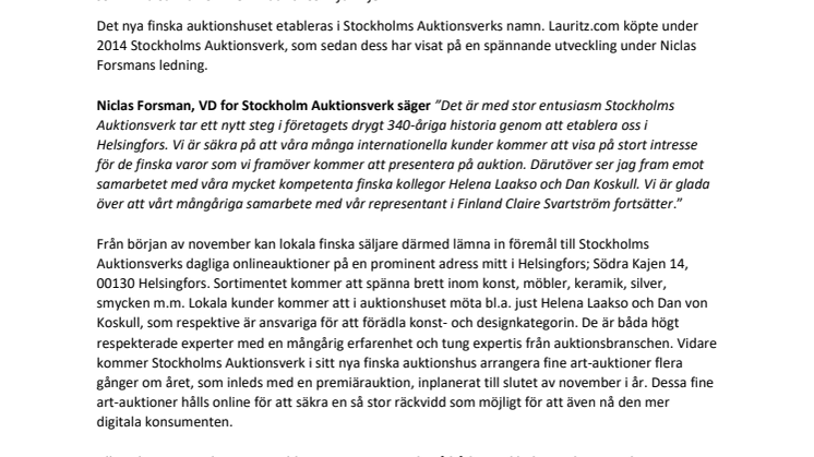 Lauritz.com Group etablerar auktionshus i Finland