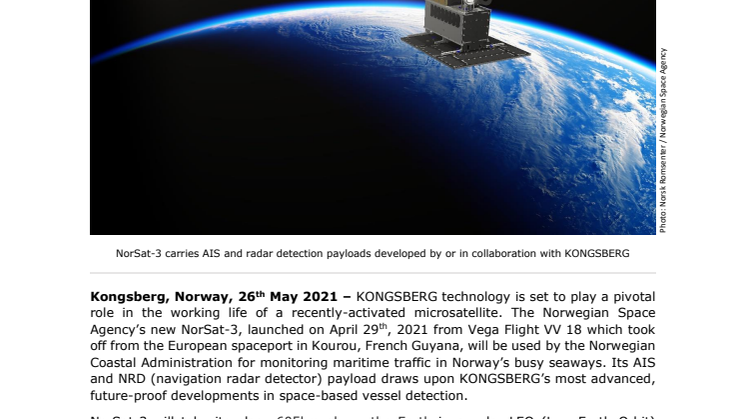 NorSat-3 maritime traffic monitoring microsatellite is launched with state-of-the-art KONGSBERG technology