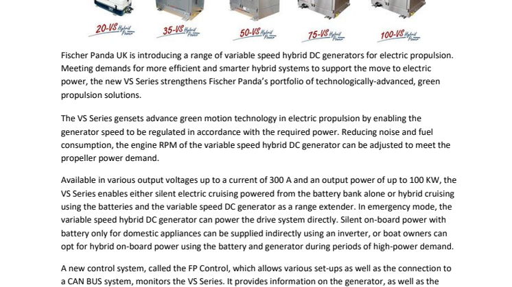 Fischer Panda UK Introduces New VS Series Generators for Hybrid Cruising