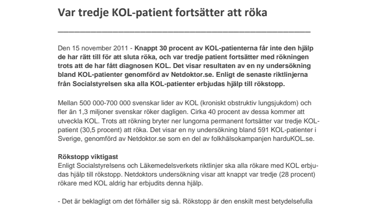 Var tredje KOL-patient fortsätter att röka 