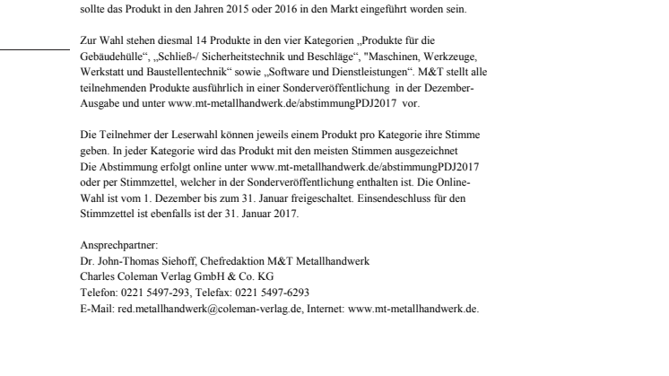M&T-Metallhandwerk sucht das "Produkt des Jahres 2017"