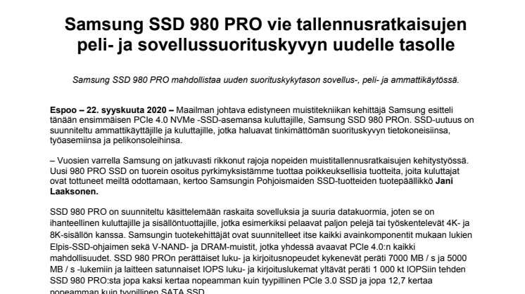 Samsung SSD 980 PRO vie tallennusratkaisujen peli- ja sovellussuorituskyvyn uudelle tasolle
